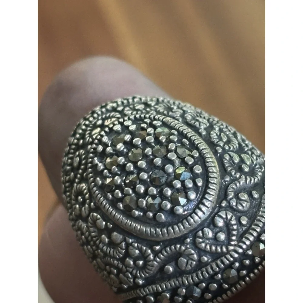 Vintage Marcasite 925 Sterling Silver Cocktail Ring Size 6.25, 11.6 Grams